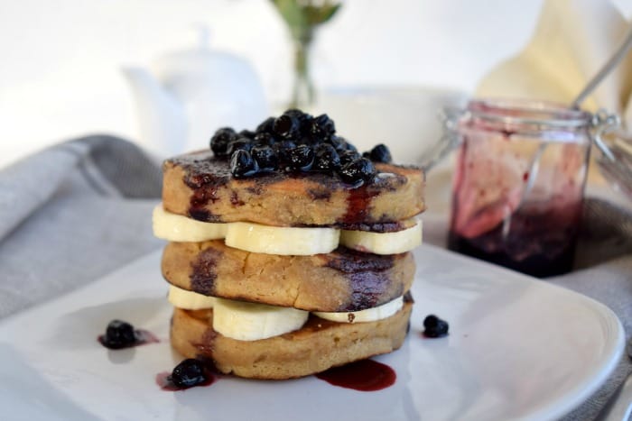 Coconut Power Pancakes with Blueberry Compote