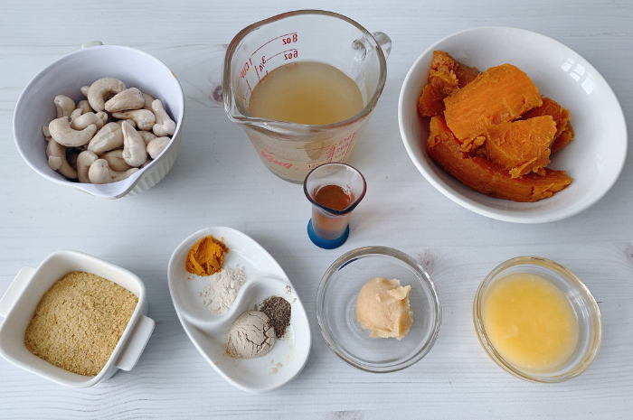 Ingredients for dairy-free cheese sauce with sweet potato